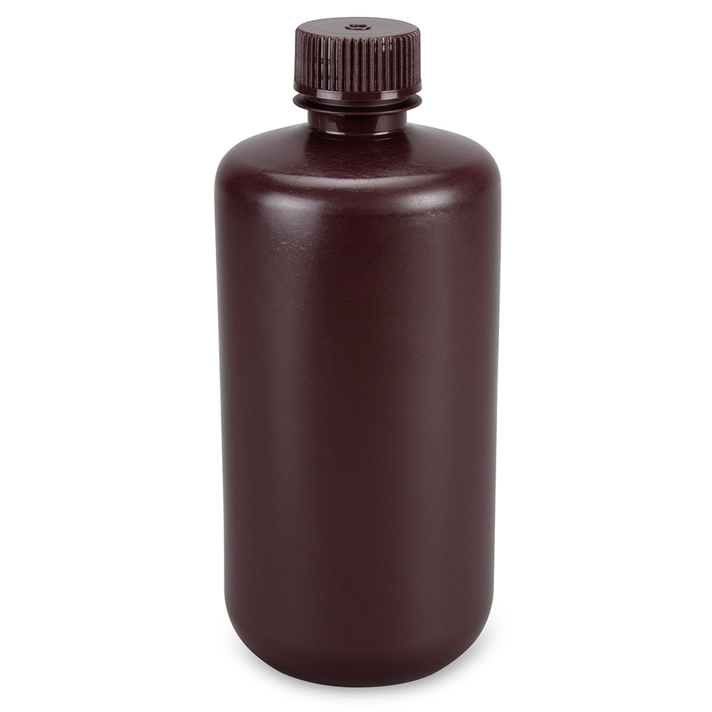 Globe Scientific Bottle, Narrow Mouth, Boston Round, Amber HDPE with Amber PP Closure, 500mL, Bulk Packed with Bottles and Caps Bagged Separately, 125/Case Image
